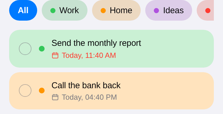 Colour-coded category filters above tasks tinted to match their category.