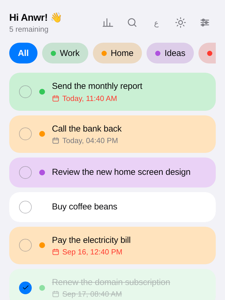 The Taski Mini App inside Telegram, showing tasks with coloured categories and due dates.